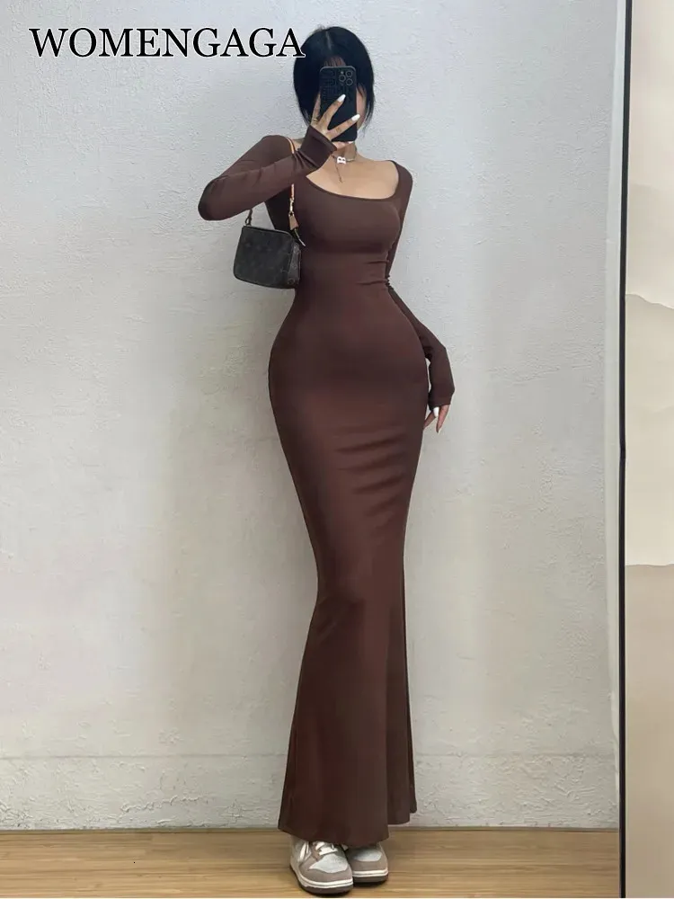 WOMENGAGA Sexy Square Collar Long Sleeve Fishtail Dress Tight Figure Wrap Hip Super Long Dresses Fashion Korean Tops E83H 240309