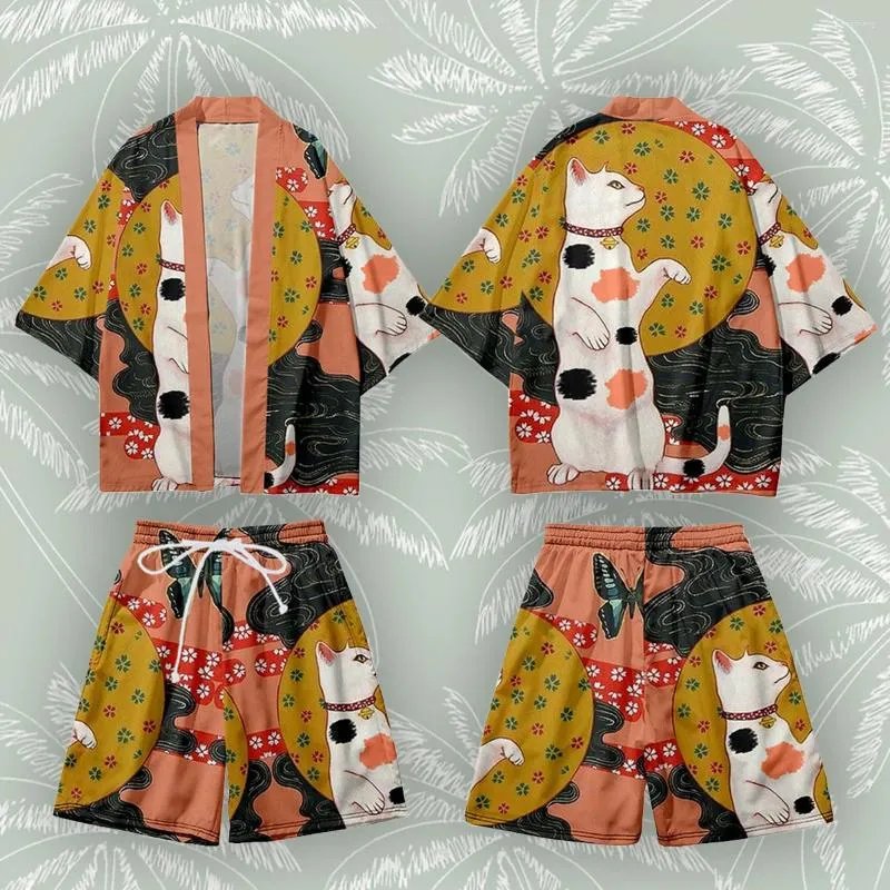 Roupas étnicas Mulheres Harajuku Homens Kimono Dois Conjuntos de Peças Japonês Haori Verão 2024 Cosplay Yukata Ilustração Gênero Camisas Robe Manto