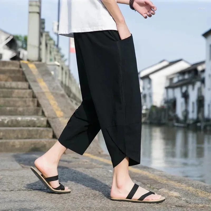 Мужские брюки, лето 2024, мужские хлопковые и льняные шаровары в китайском стиле, уличная одежда, дышащие пляжные мужские повседневные брюки до икры