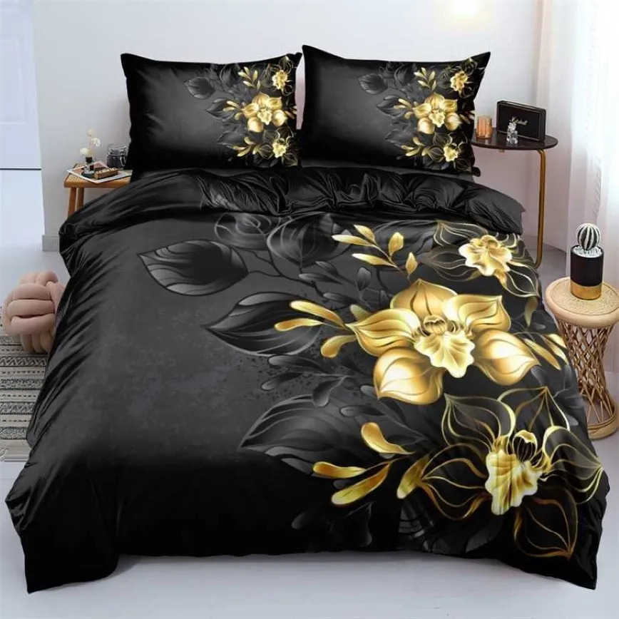 3D Design Flowers Duvet Zestawy pokrywy łóżka Zestaw pościeli Zestaw kołdry kołdry Pokrywa poduszki 220x240 Rozmiar Czarny dom Texitle 21122287r