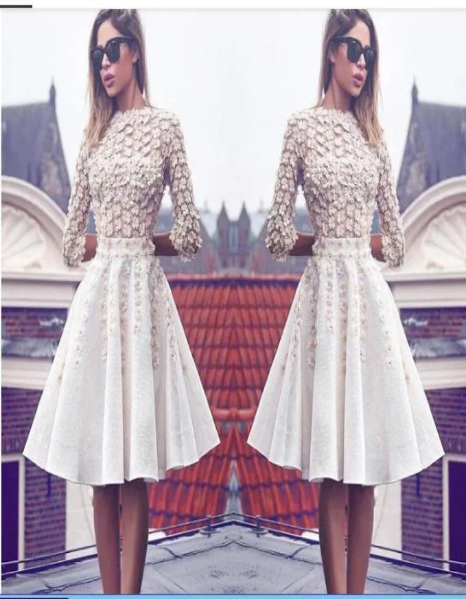 Modest Ivory Homecoming Dresses Knee Length 3D Flowers A Line Cocktail Gowns With 34 Long Sleeves Vintage Prom Dresses9407075