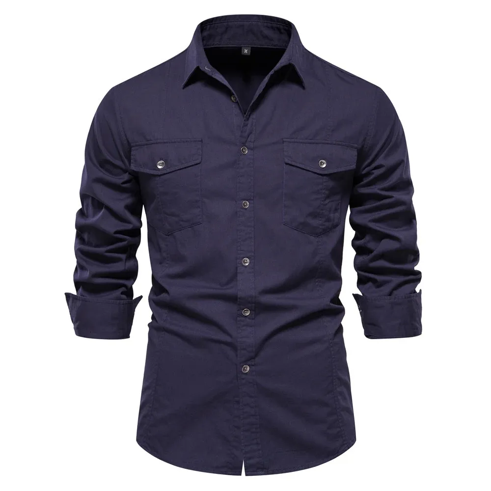 AIOPESON Autumn Military Style 100% Cotton Pocket Shirt for Men Solid Color Slim Casual Shirts Long Sleeve 240304