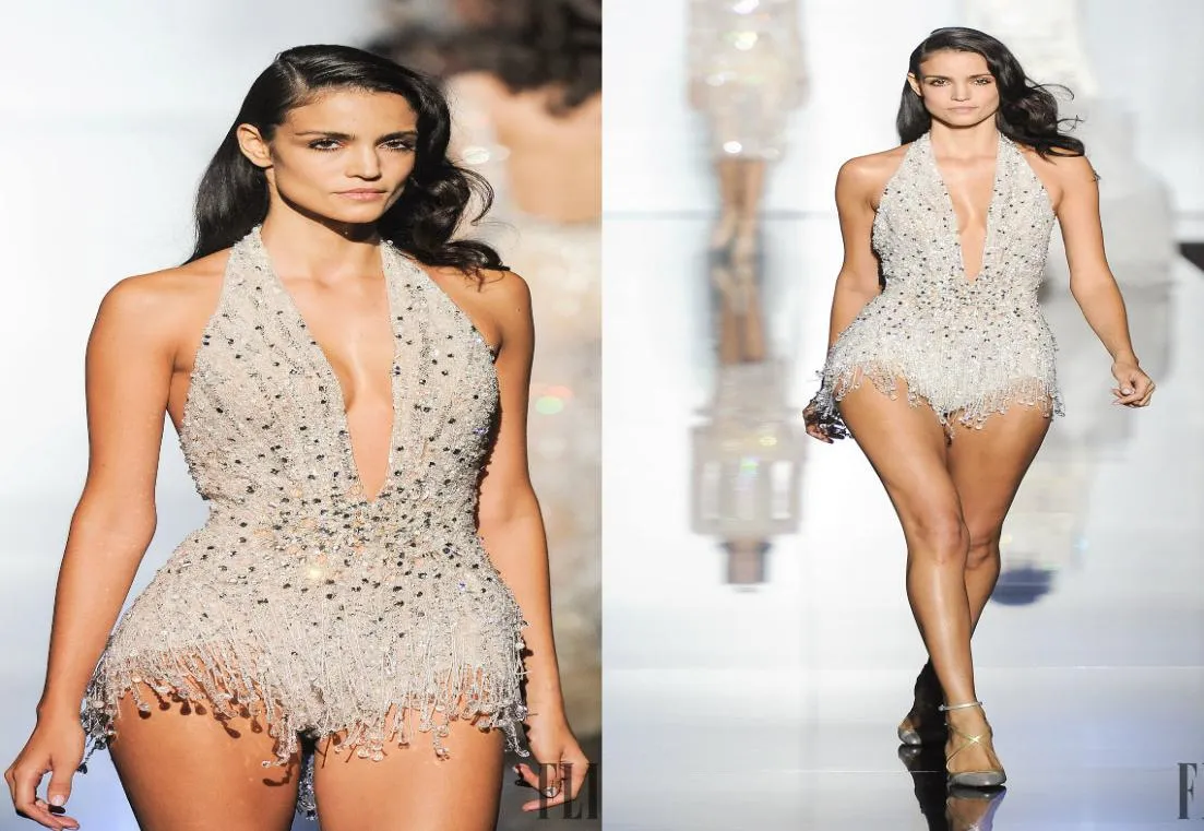 Elie Saab Abiti da ballo corti che bordano il corpetto di illusione di cristallo profondo scollo a V abito da sera sexy con fodera festa formale su misura G1665271