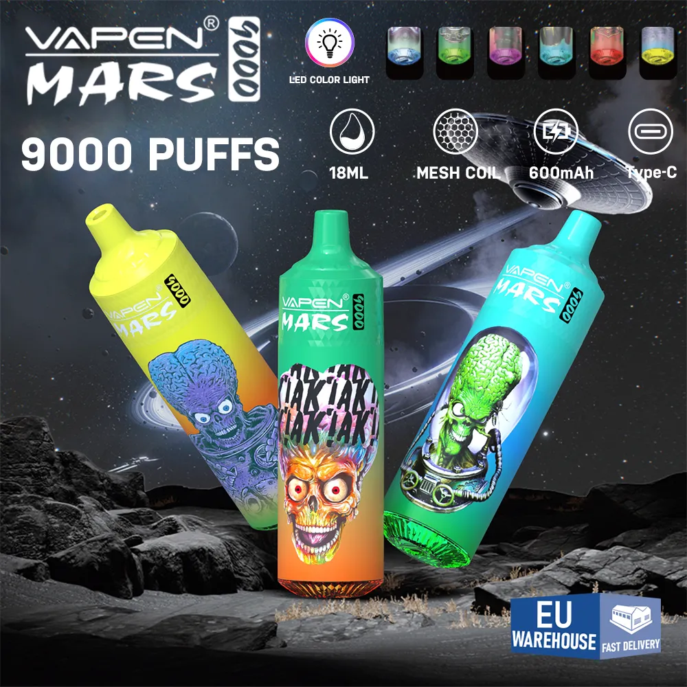 EUウェアハウスVAPEパフ9000 VAPEN MARS TORNADO 9000 PUFF 9K VAPES使い捨て充電式600MAHバッテリーメッシュコイル18ML RGBライト蒸気