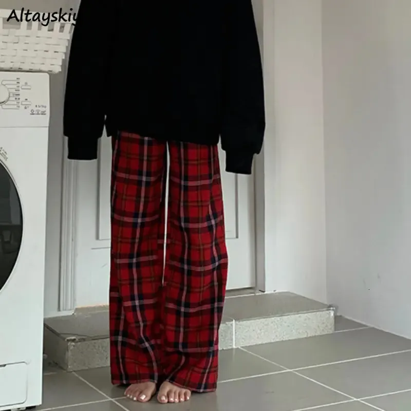 S-4xl Casual Red Plaid Pants Kobiety jesienne zima moda elegancka studentka koreański styl harajuku hip pop