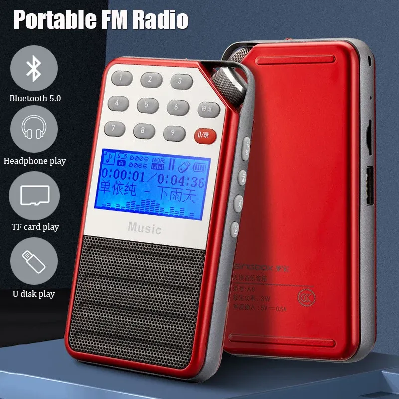 Connecteurs Radio Fm numérique Portable Bt 5.0 Haut-parleur Lecteur Mp3 avec écran LCD Prise en charge de l'enregistrement en un clic Carte TF / Disque U / Lecture d'écouteurs