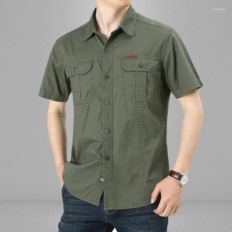 Camisas casuais masculinas 2024 verão verde carga militar para homens manga curta blusa combate tático camisa multi-bolso roupa oversize