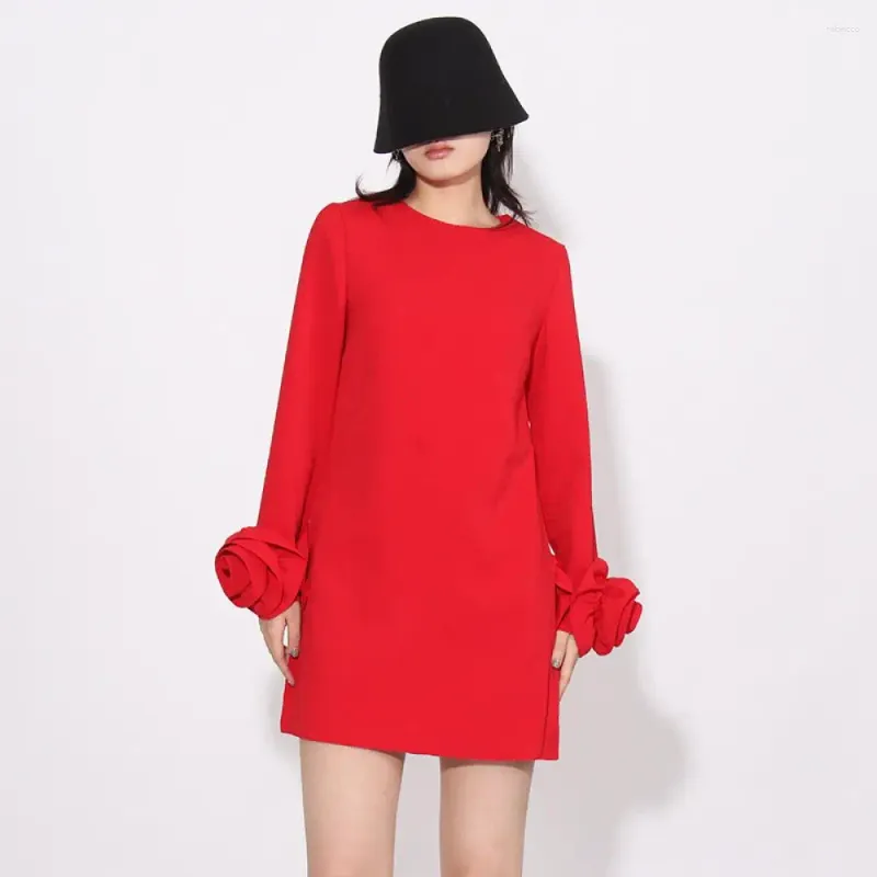 Vestidos casuais vermelho moda 3d flor design sentido commuter escritório senhoras manga longa vestido mulheres a linha curta solta 2024 primavera