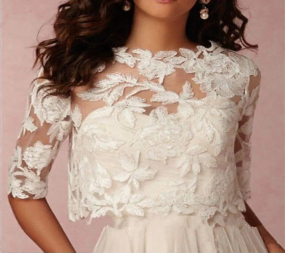 Vintage 2019 Wedding Wrap White Ivory Bolero Bridal Jackets Jewel Neck Half Sleeve Top Leaves Lace BHLDN Plus Size Wedding Jacket1125791