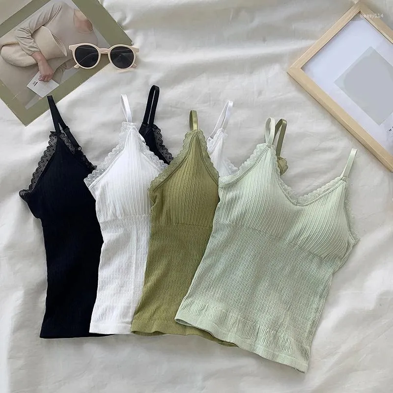 Camisoles Tanks Camisole en dentelle pour femmes sexy avec un coussin de poitrine débardeur sans manches été minceur sans anneaux en acier gilet enveloppant respirant