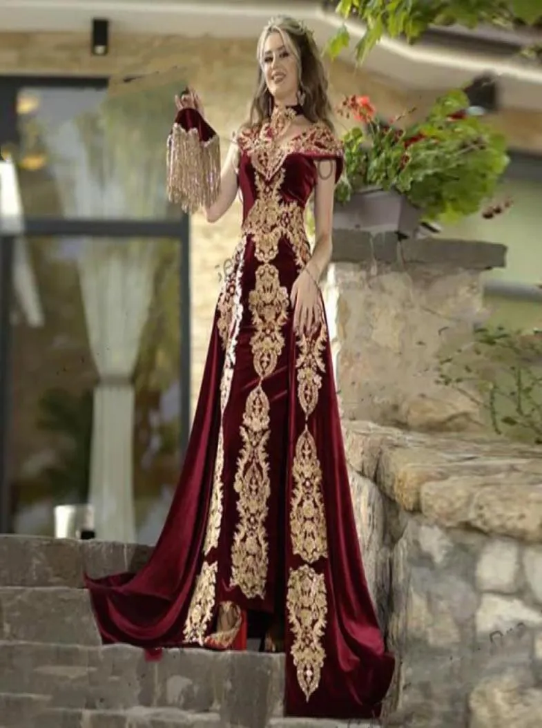 Elegante Árabe Dubai Borgonha Bainha Vestidos de Noite Formais com Saia Destacável Apliques Caftan Marocain Kaftan Velvet Mulheres Pr1584709