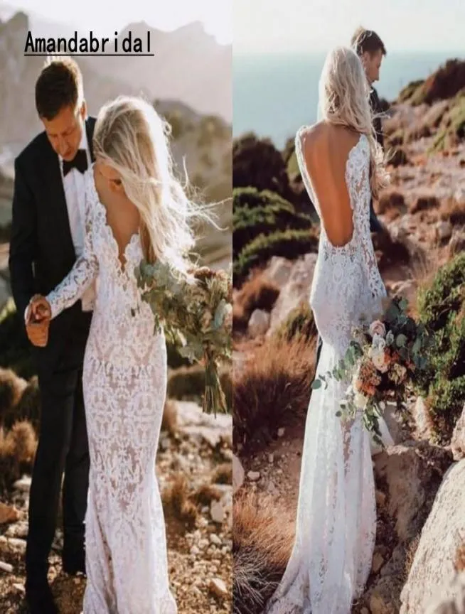 Amandabridal Robes De Mariée En Dentelle Sexy Sirène Manches Longues Longueur De Plancher Dos Nu Plage Boho Jardin Robes De Mariée Voir À Travers6997365