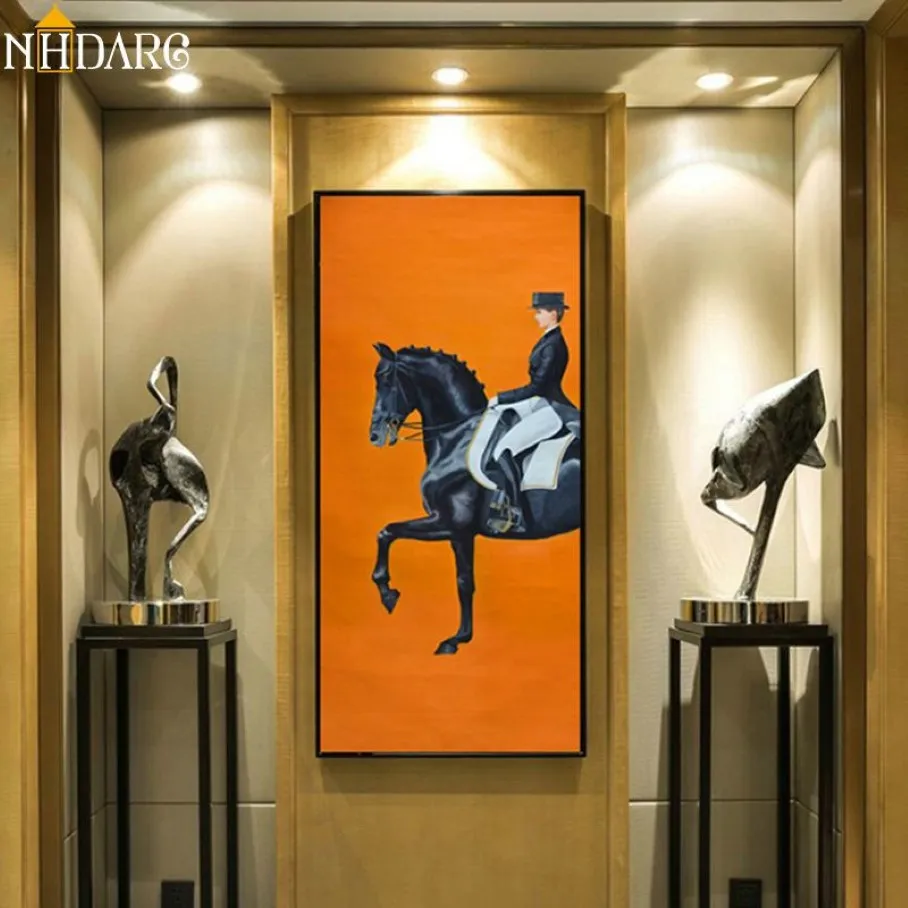 Classique moderne Orange course de chevaux toile impression peinture affiche Cool mur Art mur photos pour entrée grande taille décor à la maison LJ2238n