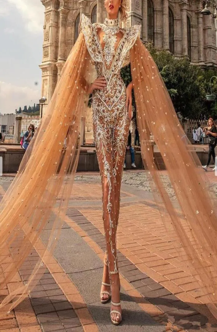 الفخامة 2020 Plestuits Prom Dresses مع Cape High Neck Lace Severed Vellique Bathers Turkish Vestidos Dress Fress Evening WE3990259