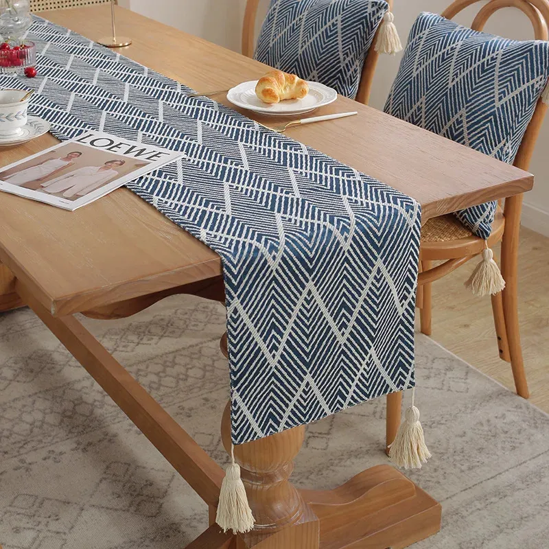Runner da tavola in cotone e lino stile giapponese con nappe geometriche a righe ondulate con bandiera decorazione per matrimoni 240307