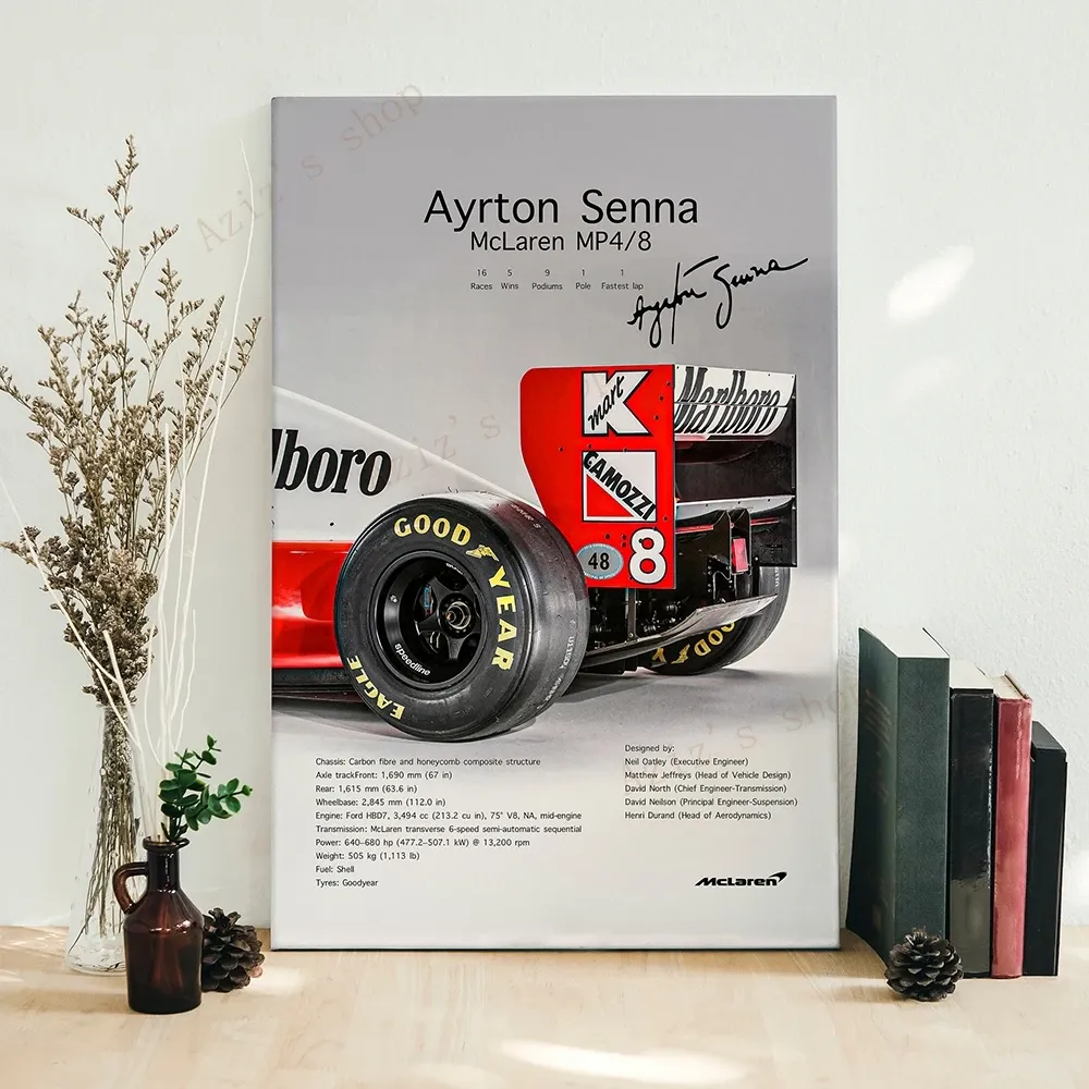 서예 Ayrton Senna McLaren mp4 8 1993 포뮬러 1 F1 자동차 캔버스 포스터 인쇄 예술 북유럽 포스터 현대 거실 홈 장식 프레임리스