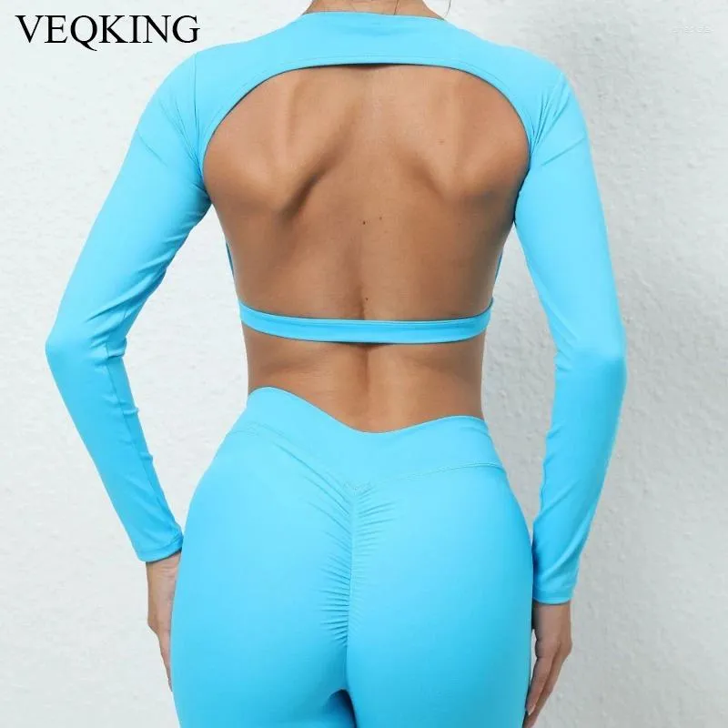 Camicie attive VEQKING Camicia da yoga scavata da donna Manica lunga Canottiera sportiva Sexy Asciugatura rapida Corsa Palestra fitness senza schienale
