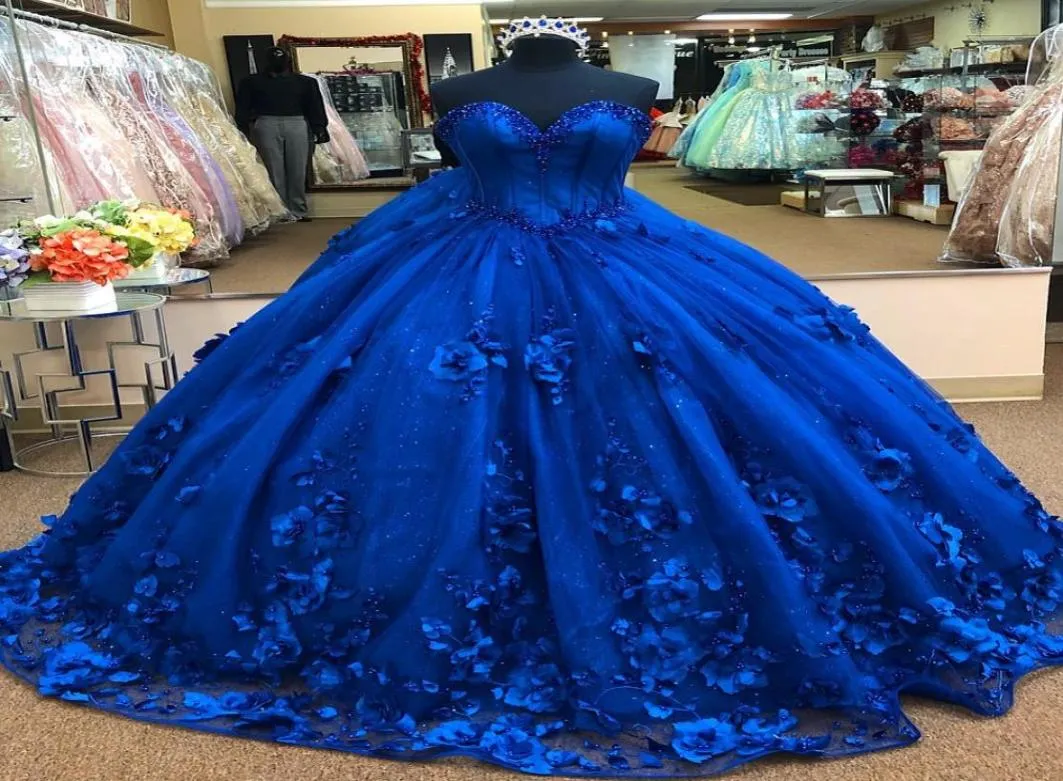 2022 Royal Blue 3D Floral Flowers Ball Gown Quinceanera Prom Dresses Pearls Sweetheart Princess Evening Formal Gowns Sweet 16 Vest2532489