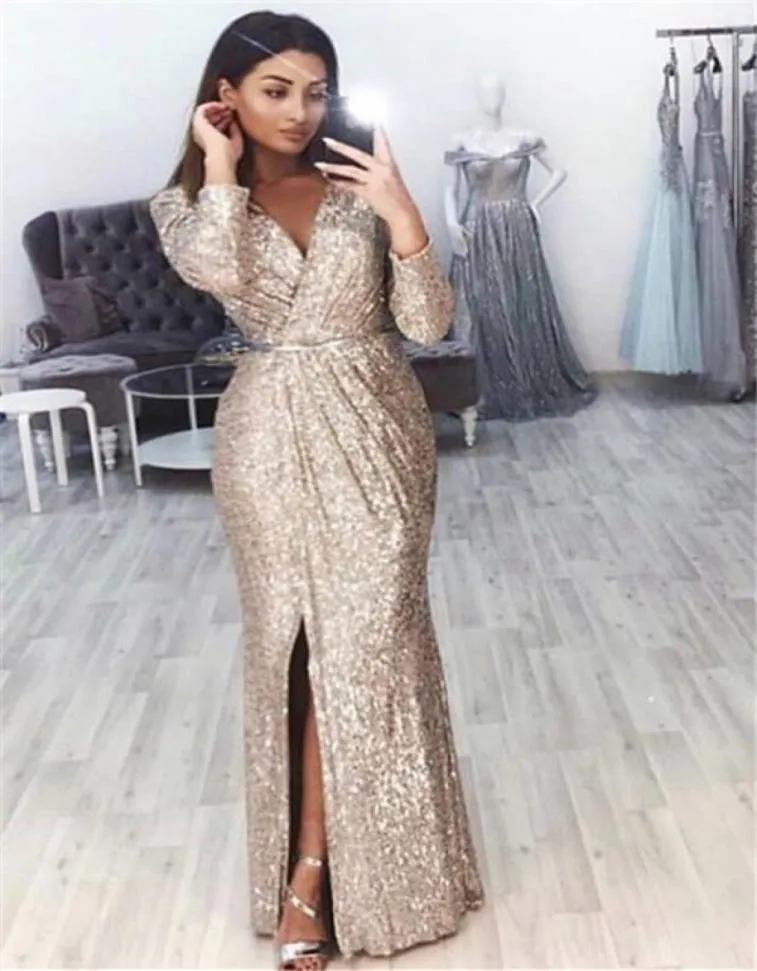 Mermaid Vneck Long Sleeve Split Prom Dreess 2019 저렴한 스팽글 이브닝웨어 가운 칵테일 파티 공 달콤한 16 드레스 공식 가운 8557613