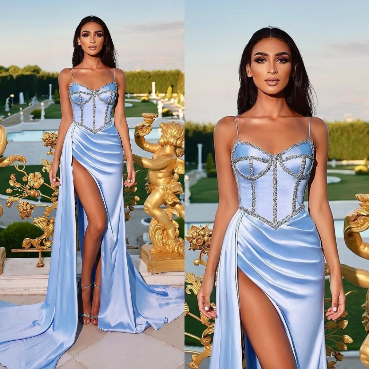 Sky Blue Sirène Prom Robe Perles Bodice Spaghetti Robes de soirée formelles Pleas élégants robes de fête pour Ocns spéciaux Split Robe de Soiree