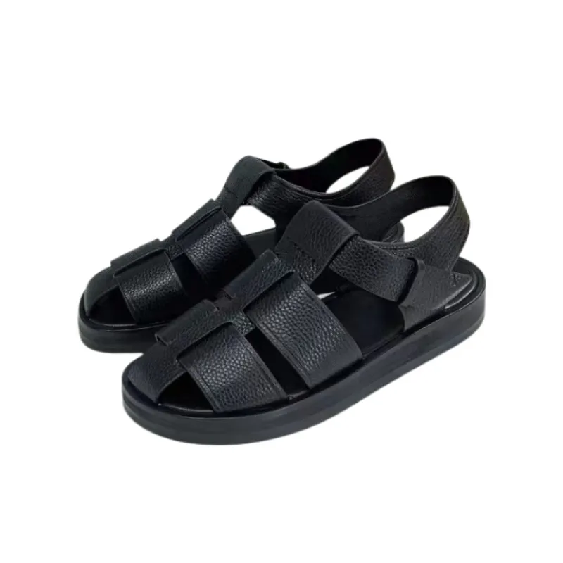 Klassiska Baotou Roman Sandals Women Summer Piggyback Shoes Muffin Tjock Bottom äkta läder handvävda kohudiska ihåliga skor