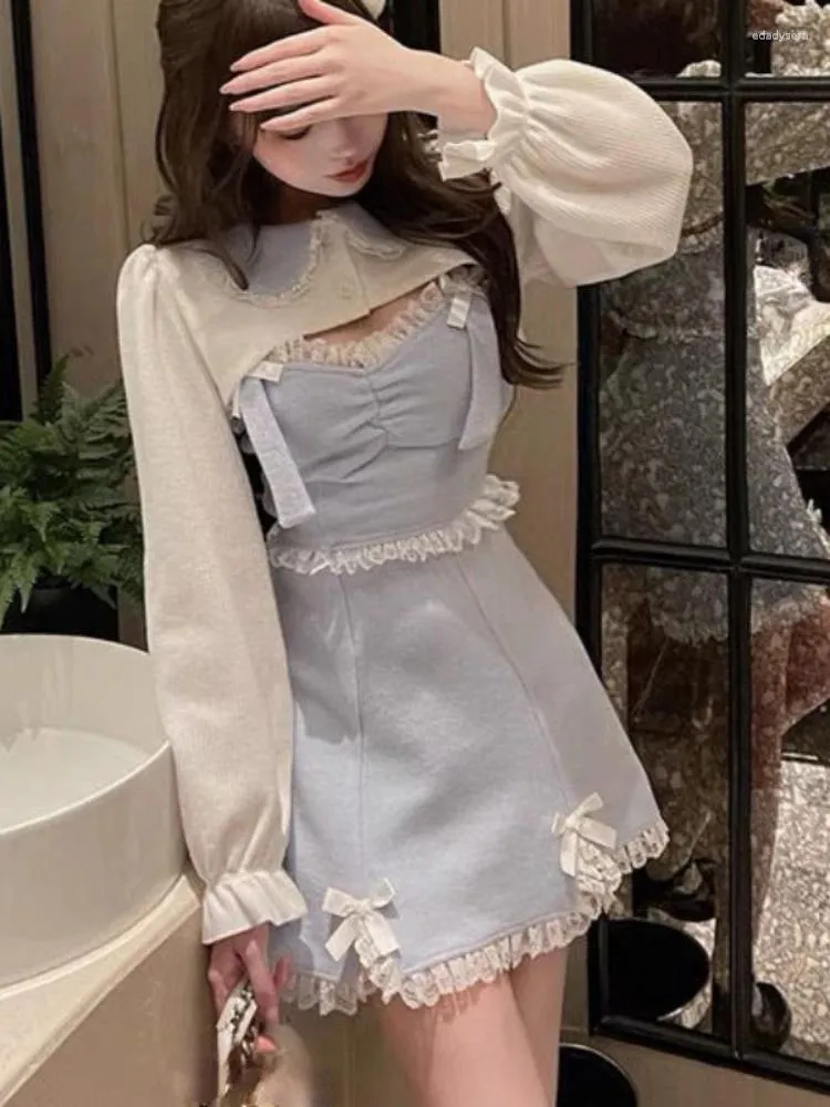 İş elbiseleri Japon tatlı lolita elbise dantel kadınlar yay pembe kawaii parti mini kadın mavi prenses Kore moda kışa 2024