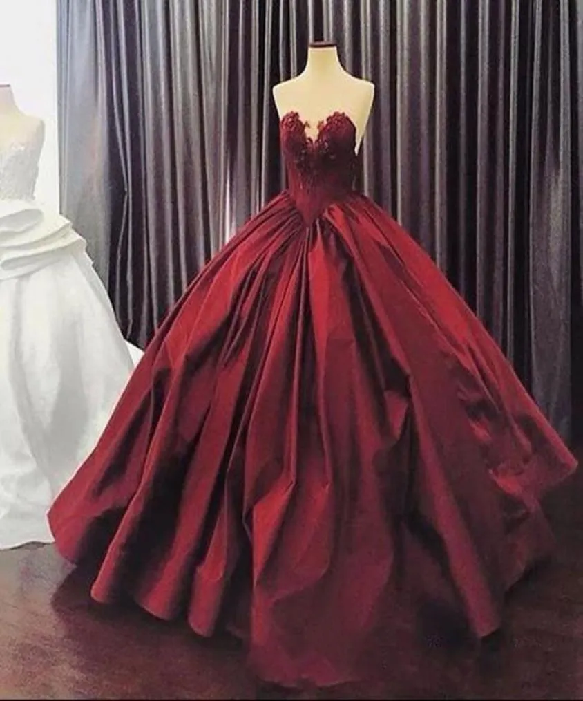 Новые Настроить Bungundy Puffy Дешевые Платья Quinceanera Бальное платье Милая Атласная Аппликация Кружева Вечерние Сладкие 16 Платьев9663250