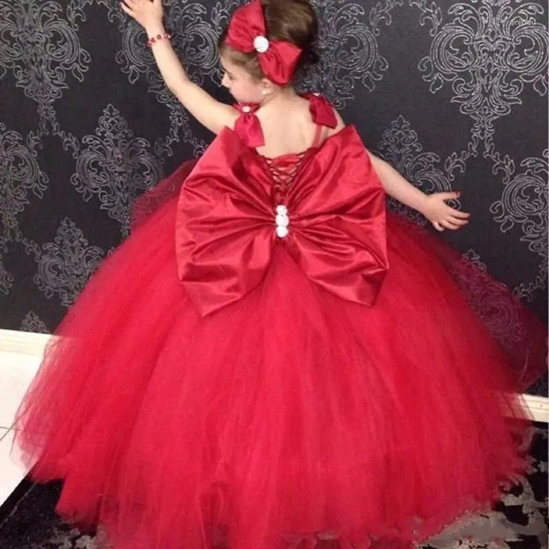 Robes de fille en Tulle rouge bébé filles avec grand arc enfant en bas âge Tutu enfant princesse robe d'anniversaire robe de première Communion