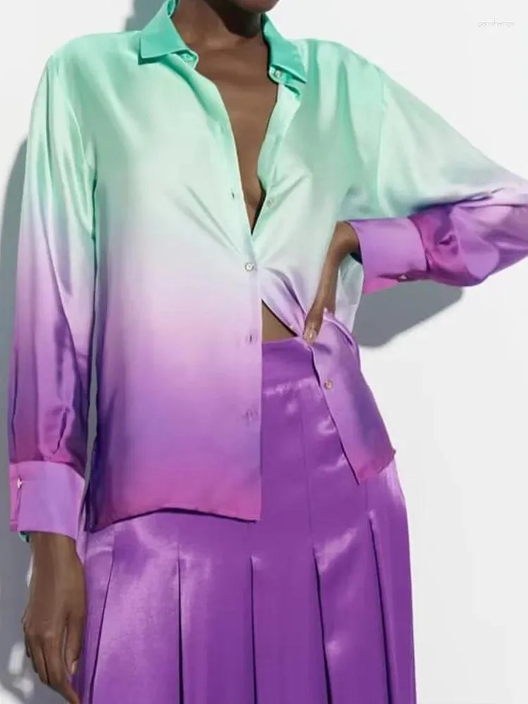 Women's Blouses 2024 Women Summer Shirts Tops Fashion Tie Dye Single Breasted Satin Female Casual Elegant Clothing
