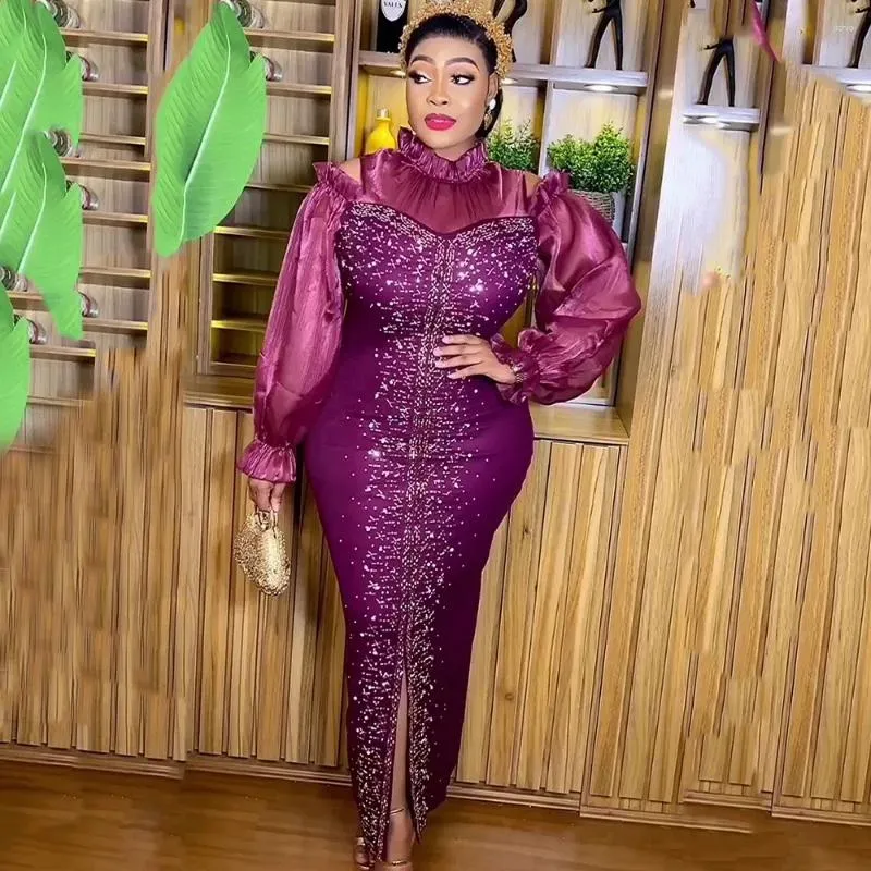 2024 African Women s Casual purple prom dress Slim Stretch Rhinestone Gown with Stand Collar Off the Shoulder Design Puff Sleeves and Floor Length Hemline