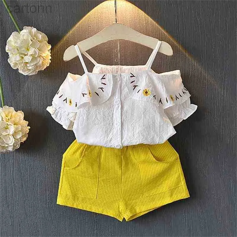 Kleidung Sets Sommer Mädchen Kleidung Sets Koreanische Off-die-schulter Kurzarm + Tasche Hosen Baby Kinder Kleidung Anzug kinder ldd240311