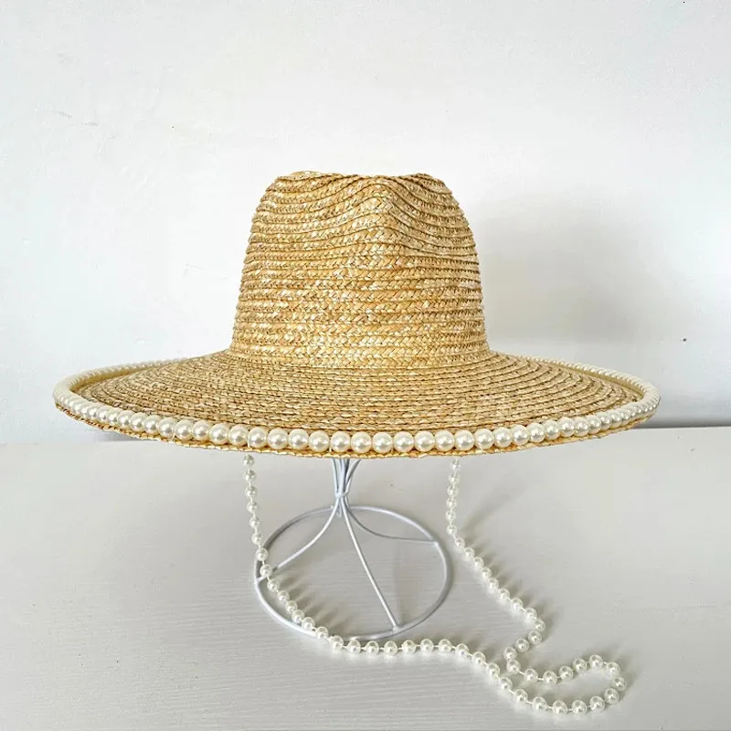Mode Pearl Chain Hat Eaves Straw Flat Outdoor Travel Sunscreen Beach 240309