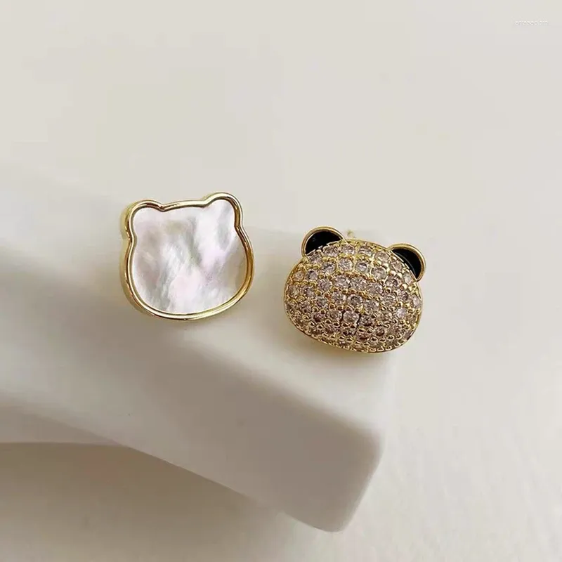 Stud Earrings Asymmetric Panda Head Micro Set Zircon In South Korea Cute Personality Mother Shell Sweet Age Reducing Earring