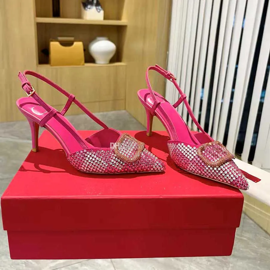 Elegant High Heeled Sandals Fashionable Leather Woven Rhinestone Decorative Designer Shoes Women Casual Pointed Ankel Strap Buckle Classic Party Slingbacks 2024