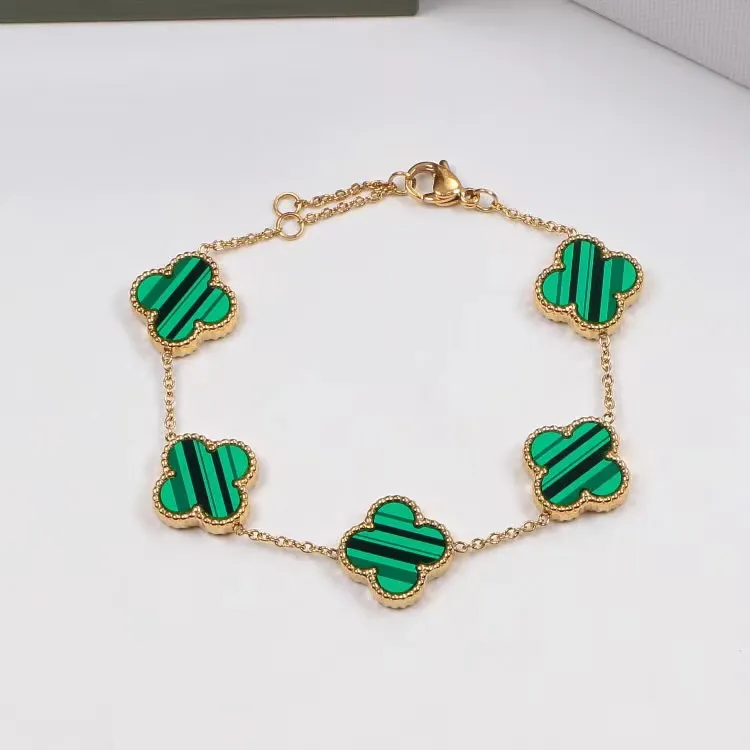 Green Shell Top Qualité Femmes Designer Bracelets En Acier Inoxydable Classique Cinq Fleurs À Quatre Feuilles Bracelet De Luxe Couple Bracelets Lady Party Cadeaux