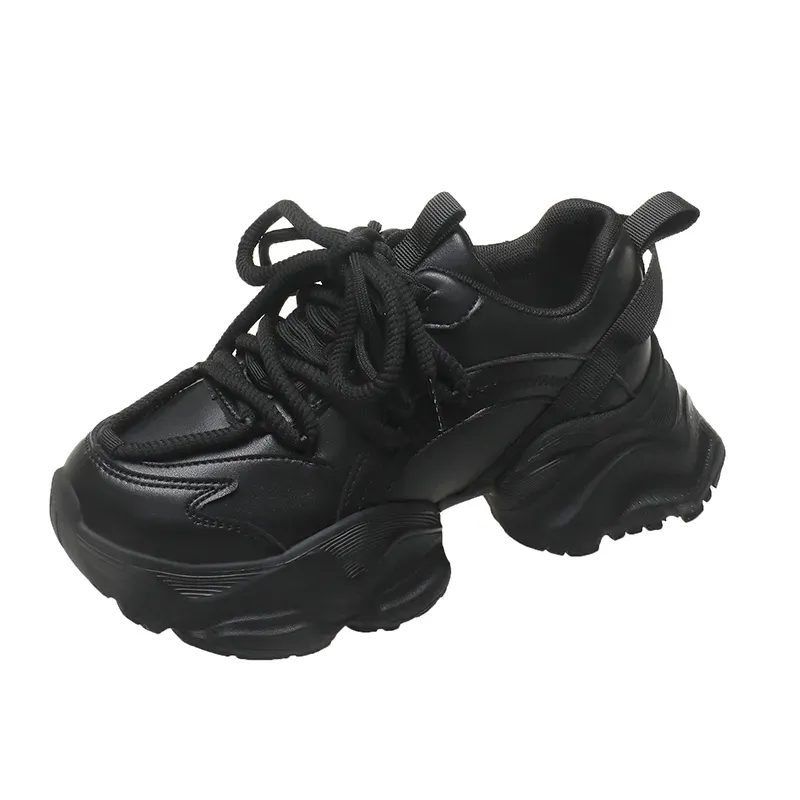 Män kvinnor chunky sneakers casual skor plattform rund tå tjock sula snörning damtränare svart vit äkta läder syntetiska lapptäcke damer höst aa002