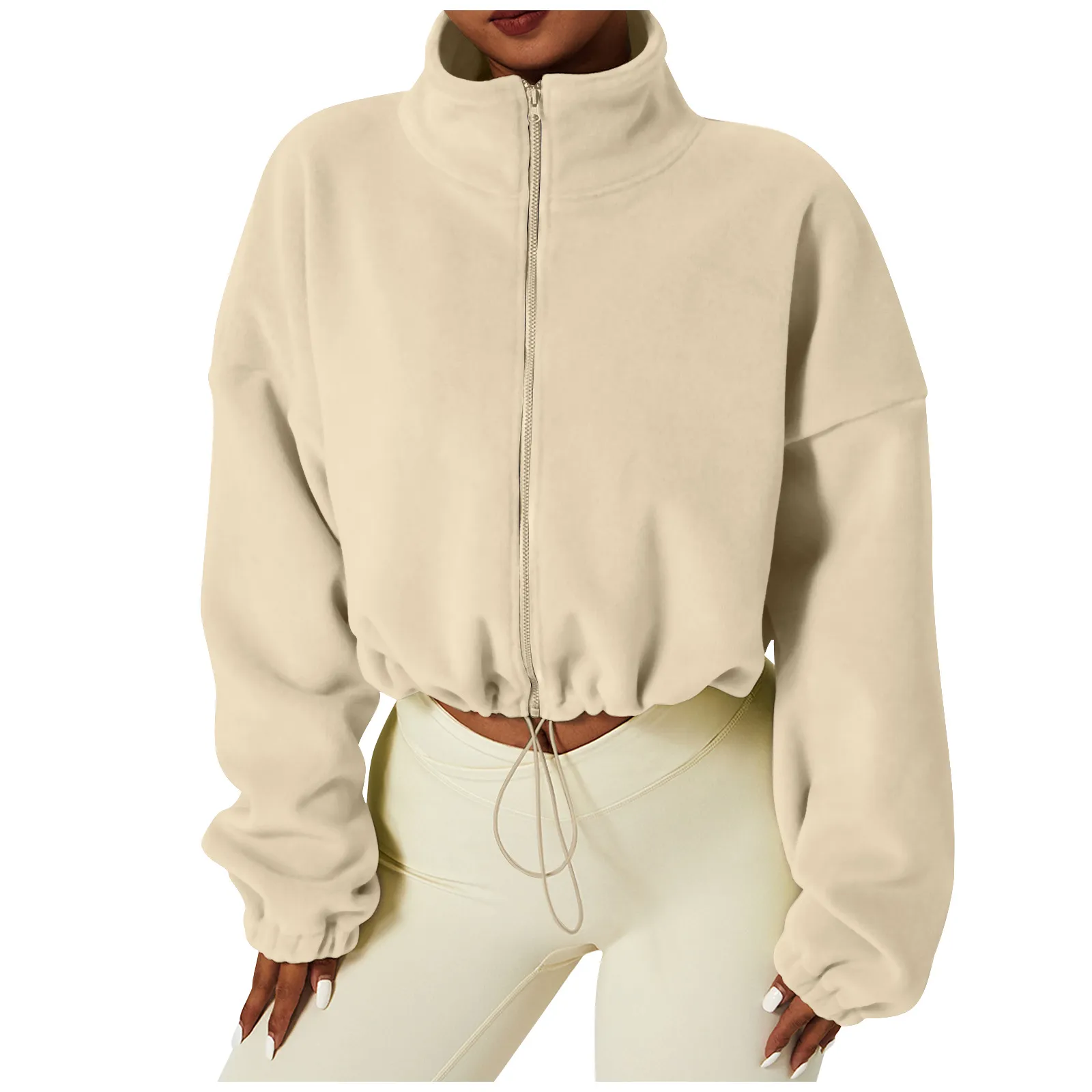 Sweat à capuche polyvalent à fermeture éclair haut de gamme pour femmes, col montant à manches courtes d'automne et d'hiver, veste à nombril ouvert tendance pour femmes