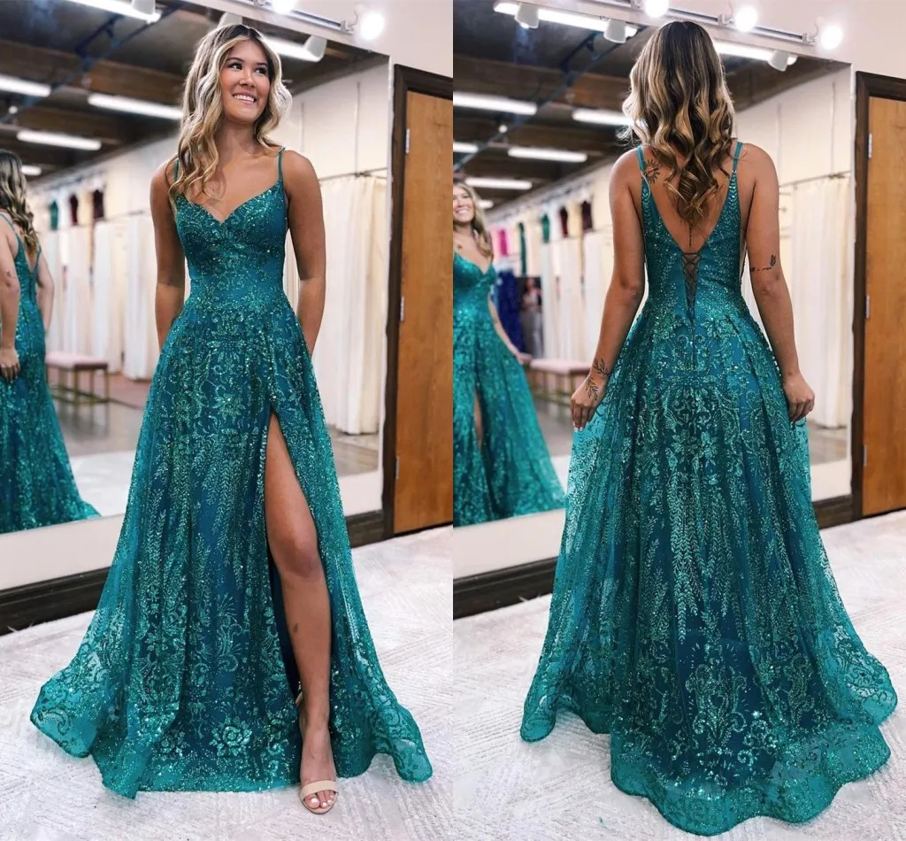 Sexy Split Prom Dresses Sleek A Line Spaghetti Straps Backless Evening Gowns for Junior Graduation Party