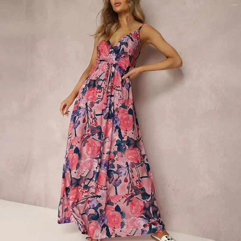 Vestidos casuales Boho Flower Print Spaghetti Strap para mujeres Summer Beach Sundress Vestidos Sexy Sin respaldo Sling Holiday Maxi Vestido Robe