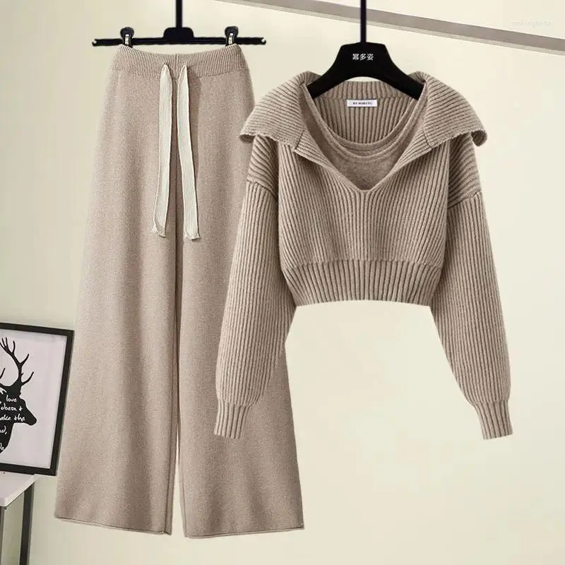 Damen Zweiteilige Hosen Frauen Winter Herbst Y2K Anzug Weste Pullover Crop Tops und Hose mit weitem Bein Drei Set Outfit Strick Outwear Koreanisch