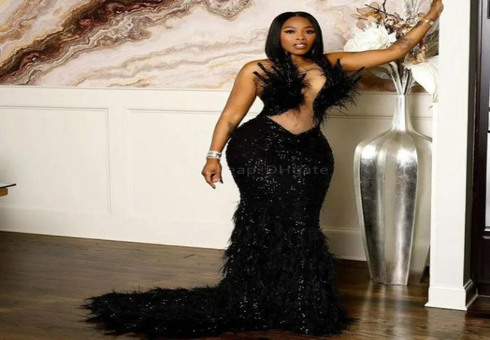 2021 Plus Size Arabic Aso Ebi Black Mermaid Sequined Prom Dresses Sheer Neck Feather Luxurious Evening Formal Party Second Recepti2889010