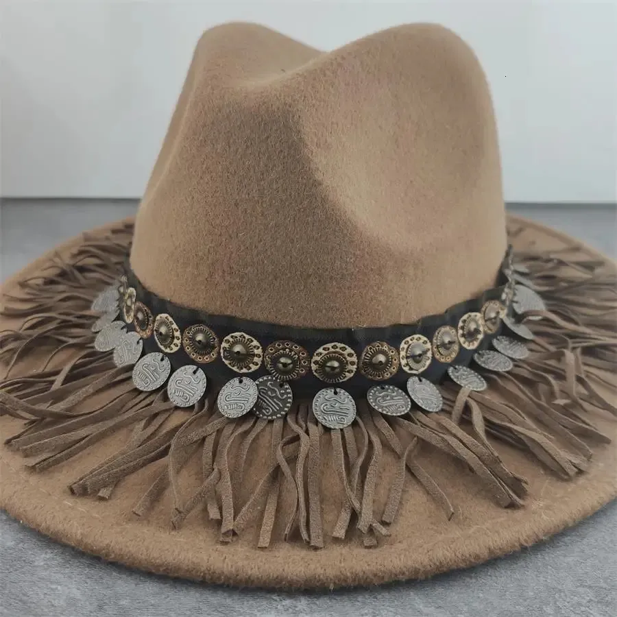 Boho Women Wide Brim Wool Felt Fedora Panama Hat with Belt Buckle Jazz Trilby Cap Party Formal Top In brown 240309