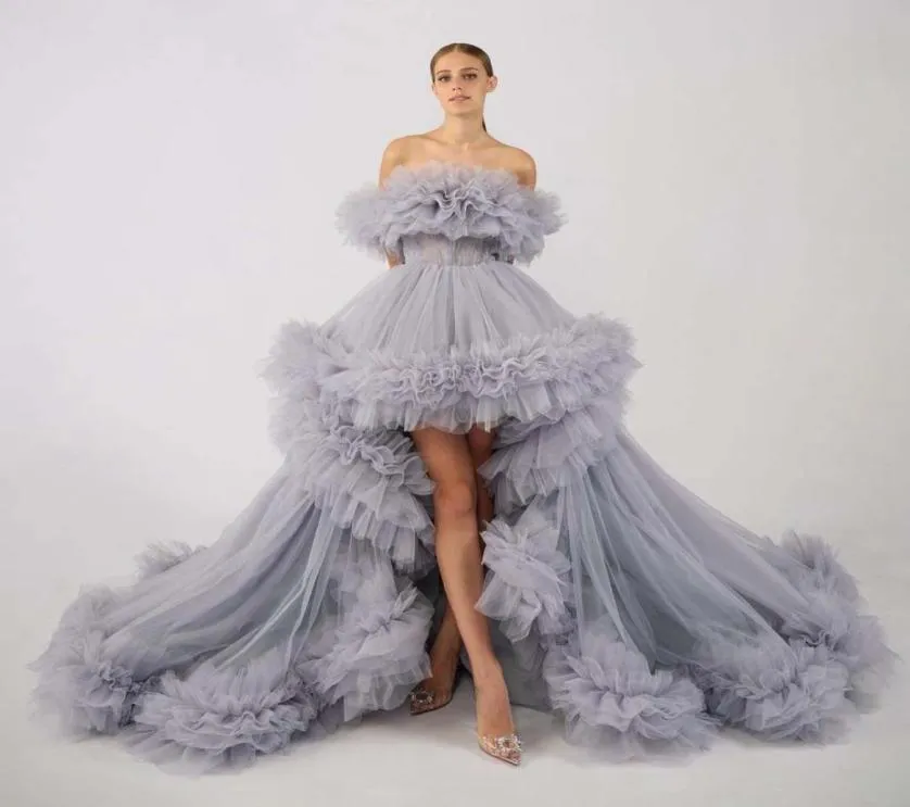 Gorgeous Gray Tulle Dress Prom Gowns Off the Shoulder High Low Ruffles Layered Formal Party Dresses Po Shoot Birthday Dress1968063