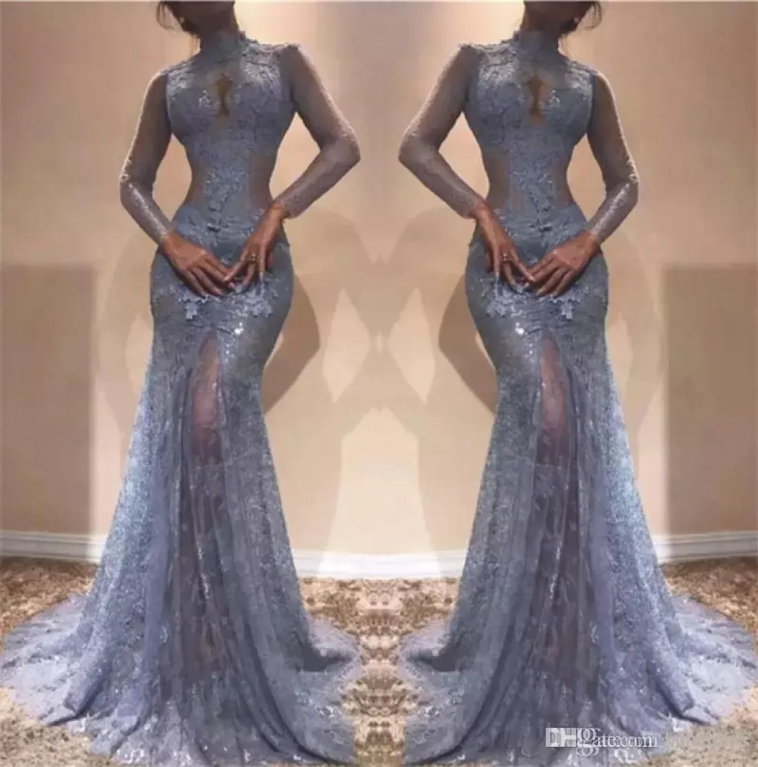 Zuhair Murad Gorgeous Prom Dresses 2020 Full Lace High Neck Mermaid Illusion Long Sleeves See Through Evening Dress Lavender Party2911290