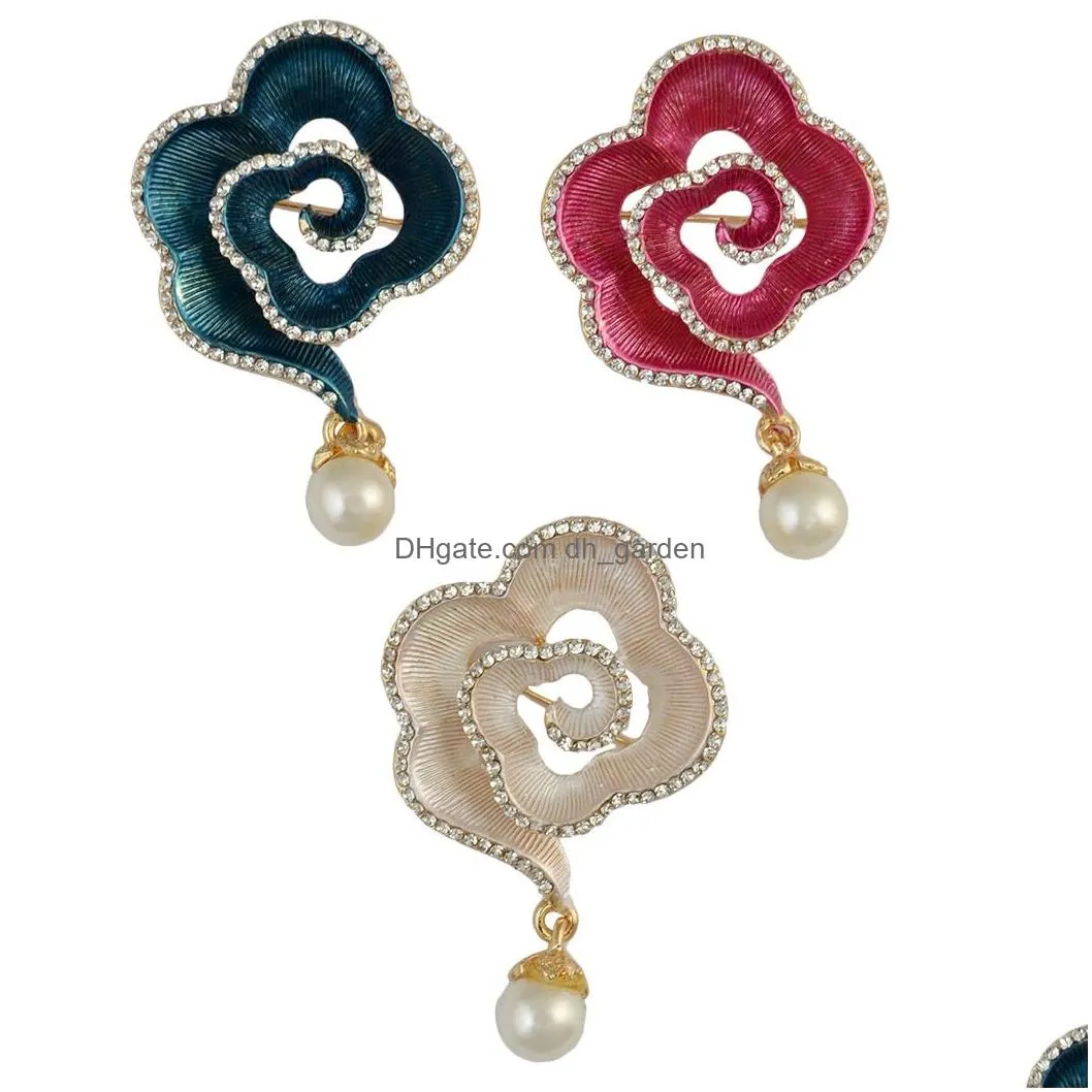 Pins Broches Três Cores Moda Banhado A Ouro Planta Esmalte Rosa Branco Azul Flor Forma Strass Pérola Colar Pin Broche Dhgarden Dhb40