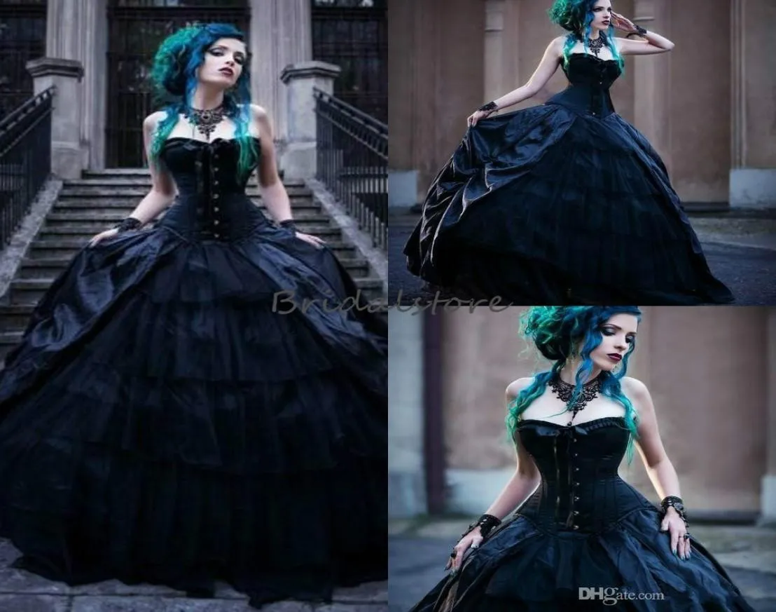Vintage svart viktoriansk gotisk bröllopsklänningar korsett stropplösa vampyrer punk stil land bröllop klänning plus storlek onda drottningar br1908241