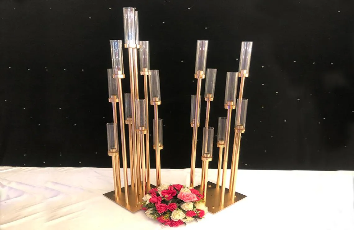 10pcs fleurs vases bougeoirs route plomb table pièce maîtresse support en métal doré pilier chandelier pour candélabre de mariage G04902 T2128626