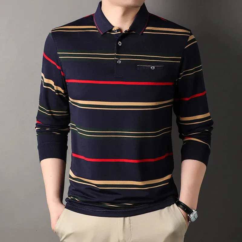 Рубашка поло из 100% хлопка для мужчин, полосатая многоцветная рубашка поло с длинными рукавами на осень и весну, роскошная одежда в корейском стиле 240307
