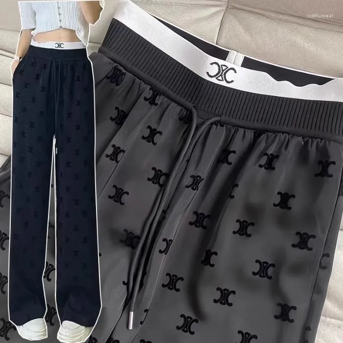 Women's Pants Fashion Spring Summer Elastic High Waist Straight Flocking Printing All-match Ice Silk Wide Leg Women Trousers Black