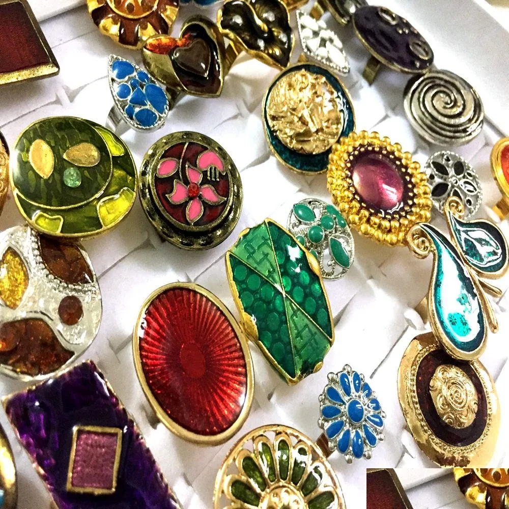 Band Rings Bk Lots 50Pcs Vintage Colorf Enamel Alloy Women Rings Open Size Bronze Sier Mix Design Assorted Retro Wholesale Drop Deliv Dhqbl